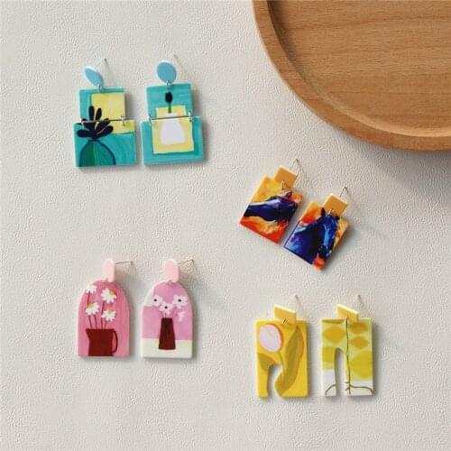 AOMU 2020 Korea New Acrylic Graffiti Colorful Flower Horse Asymmetry Pattern Long Dangle Drop Earring for Women Jewelry Creative