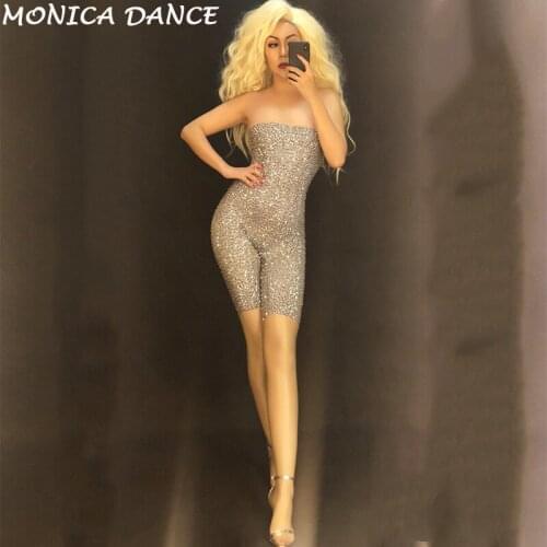 Women Sexy Sparkly Rhinestones Stretch Sleeveless Dj Jumpsuit Stage Dance Show Outfit Birthday Celebrate Costume Stones Playsuit