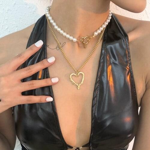 Lalynnly Imitation Round Pearl Necklace Choker Hollow Heart Pendant Necklace Designer For Women Chain Necklace Set Goth N8908