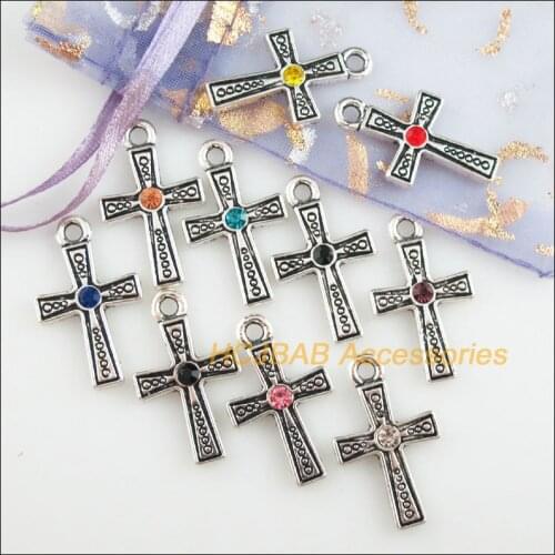 10 New Cross Charms Tibetan Silver Tone Retro Mixed Crystal Pendants 16x26.5mm