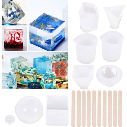 19 Pack Large Resin Silicone Molds Kit Cube Pyramid Sphere Diamond Resin Casting Molds With Silicone Measuring Cups Tool