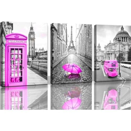 3 Piece Diamond Painting Pink Theme Bus and Umbrella City Cross Stitch Diamond Mosaic Picture Of Embroidery Triptych art A2111