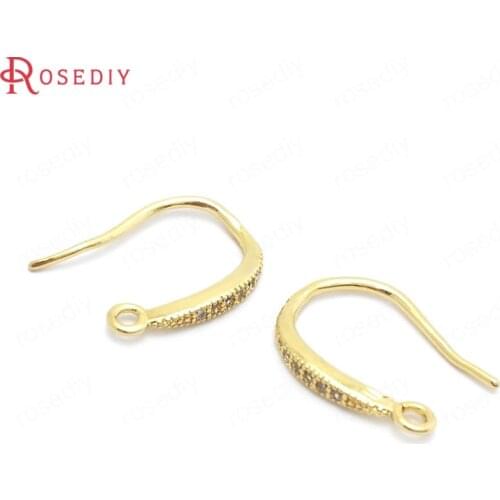 37844)10PCS Height 15MM 24K Gold Color Brass and Zircon Earrings Hooks Jewelry Making Supplies Diy Findings Accessories