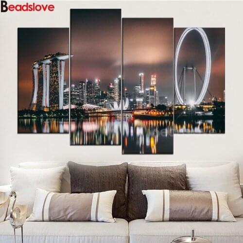 4pcs Diamond Paint Singapore Night Skyscrapers handmade diamond cross stitch Mosaic home decorative art painting square drill
