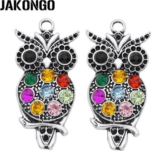4PCS Antique Silver Plated Colorful Crystal Owl Charm Pendants for Jewelry Accessories Making Bracelet DIY 48x23mm