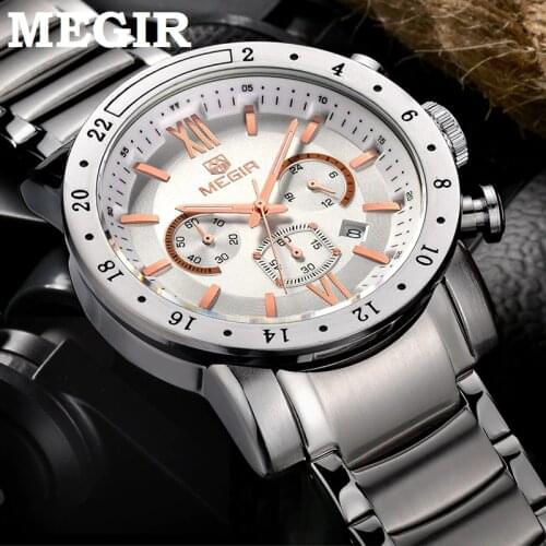 MEGIR hot brand quartz watches for men mans business white wristwatch fashion three-eyes waterproof luminous watch for male