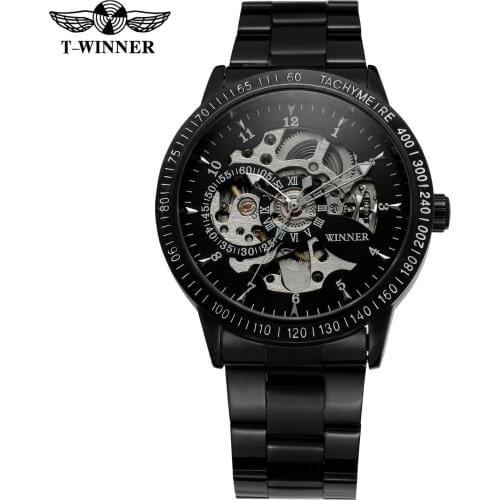 Top Fashion Winner Brand Vintage Black Steel Stainless Black Dial Men Mechanical Skeleton Watch Men Wristwatch Gift Business
