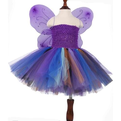 Purple Pixie Costumes Girls Butterfly Wings Princess Tutu Dress Kids Halloween Fluffy Tulle Dress Infant Toddler Photo Props