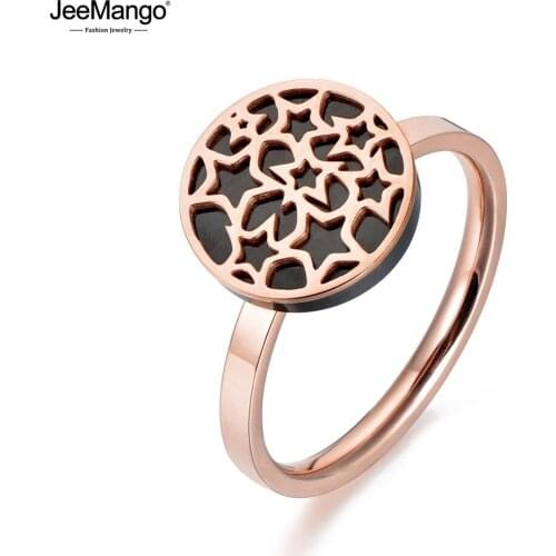 JeeMango Classic Rose Gold Color Geometry Star Ring Jewelry Trendy Titanium Steel Acrylic Wedding Rings For Women Anel JR18030