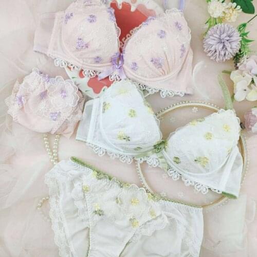 Flower Embroidery Japanese Bra & Panties Set Underwire Soft Underwear Intimates Set Kawaii Lolita