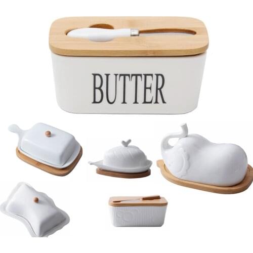 Nordic Butter Sealing Box,Ceramic Butter Plate,White,with Wood Lid and Knife,Cheese Storage Tray Butter Dish