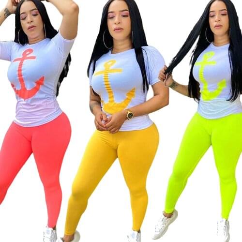 Printting Short Sleeve Round Neck T-Shirt and Solid Color Pencil Trousers Women Casual Suits 2020 Summer Sexy Two Piece Set