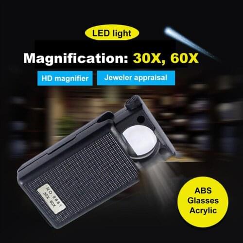 30X 60X Magnifier Mini Pocket Hand Black Microscope LED Fold Eye Jewelry Loupe Magnifying Glass Portable Microscope Lens Tool