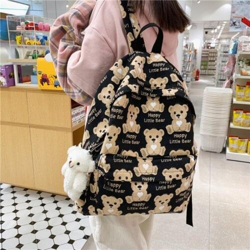 Fashion Women Bear Printed Backpack Harajuku School Bag for Teenage Luxury Girl Backpacks Female Cute Beige Bagkpack Mochila