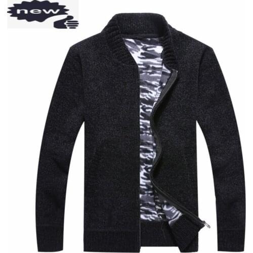 Autumn Winter Casual Fleece Lining Warm Mens Cardigan Sweaters Long Sleeve Stand Collar Zipper Slim Male Thick Kniting Coats
