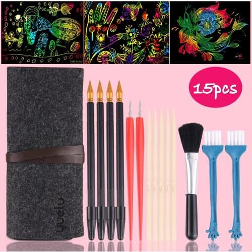 14PCS Scratch Tool Set with Felt Storage Bag Scratch Paper Pens Bamboo Sticks Scraper Repair Scratch Pen Black Brush Art Kit