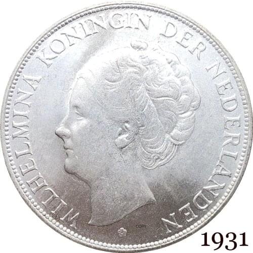 Netherlands 1931 2½ Gulden Wilhelmina I WILHELMINA KONINGIN NEDERLANDEN Cupronickel Silver Plated Copy Coin With Letter Edge
