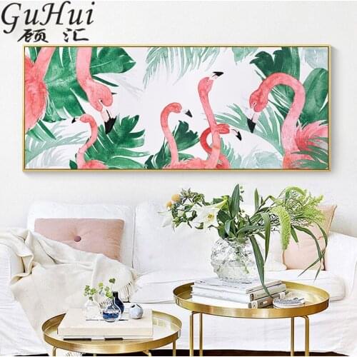 Flamingo And Flower Poster And Print Spray Color Animal Painting Wall Picture Nordic Green Plant Leaves Living room Decorative