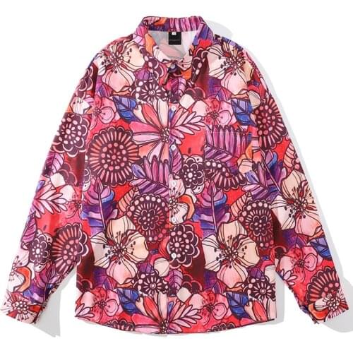 Mens Floral Print Hawaii Beach Shirts Male Harajuku Button Shirts Streetwear Fall Long Sleeve Oversize Blouse camisa masculina