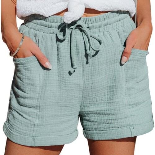 New Women Europe Style Summer High Waist Pockets Solid Color Elastic Waist Loose Leisure Shorts Bottoms for Summer Beach Wear