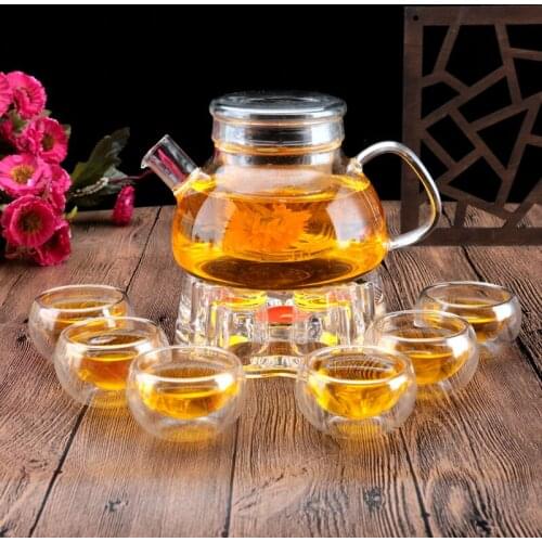 Glass Tea Pot Set Infuser Teapot With Warmer And 6 Double Wall Tea Cups Tea Sett Giftset Heat-resistant Glass Flower Tea Cups