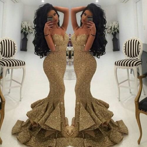 Vestido noiva curto Gold Spaghetti Prom gown 2018 New Sequin Mermaid With Ruffle On The Bottom bridesmaid dresses