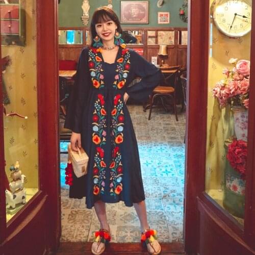 Mori Girl Vintage Ethnic Retro Bhemian Hippie Boho Gypsy Embroidery Lace Up Flare Sleeve Empire Cotton Women Purple Boho Dress