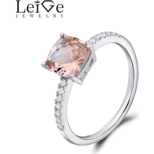 Leige Jewelry Natural Morganite Promise Ring Solitaire Pink Gemstone Sterling Silver Cushion Cut Wedding Rings Anniversary Gift