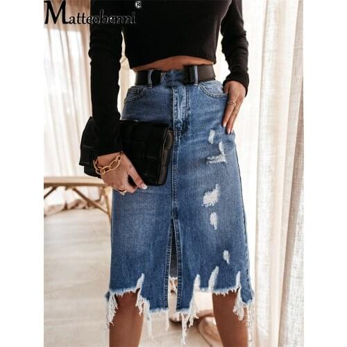 2021 Summer Sexy Asymmetric Denim Skirt Women High Waist Slit Ripped Beggar Midi Skirts Casual Slim Worn Tassel Blue Jeans Skirt