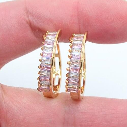 Gold Color Women Fashion White Pink CZ Huggie Hoop Earrings Jewelry