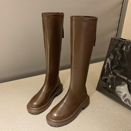 2021 Women Beige Brown Low Heels Knee Thigh High Boots Soft Leather Platform Cowboy Boots Winter Designer Punk Long Boots