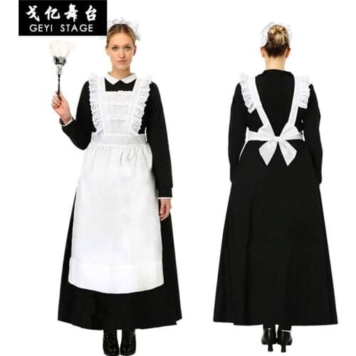Women Maid Cosplay Sexy Costume Long Sleeves Doll Collar Down Long Maxi Fancy Dress with Apron and Headpiece Maid Sexy Costume