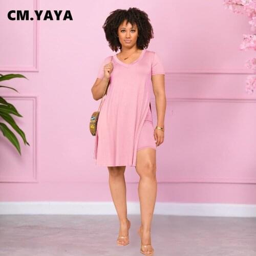 CM.YAYA Women Set Solid Short Sleeve V-neck Loose Long Slited Tops Sheath Elastic Shorts 2 Two Piece Set Tracksuit Outfit 2021