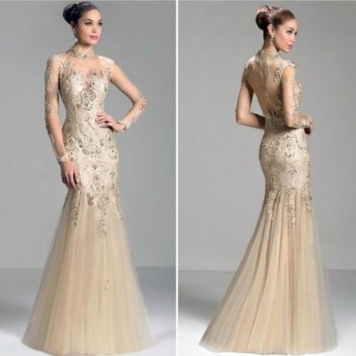 Champagne Ladies prom dress plus size long gown Mermaid Long Sleeve Sexy Sheer Neck Women Bespoke Occasion Dresses