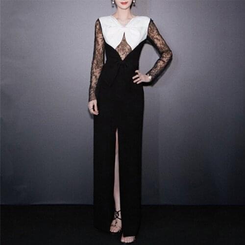 Desugner Fashion Summer Spring Dress Runway New Women Bow Long Sleeve Lace Patchwork Black Elegant Dress