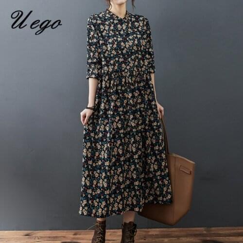 2021 New Arrival Chiffon Fashion Autumn Dress Print Floral Prairie Chic Vintage Office Lady Work Dress Women Spring Casual Dress