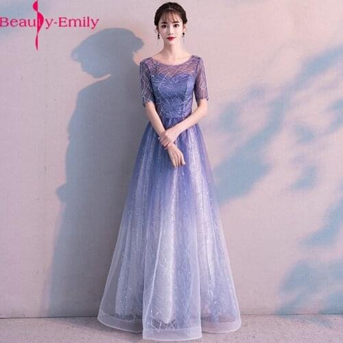 Robe De Soiree Beauty Emily Simple Sexy Scoop Neck Long Evening Dresses 2020 Elegant Sequined Lace Up Back Party Prom Dress