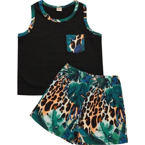 2021 1-8Y Summer Kids Baby Boy Clothing Pocket Sleeveless Top Black Vest+Leopard Print Shorts 2pcs Outfits Set