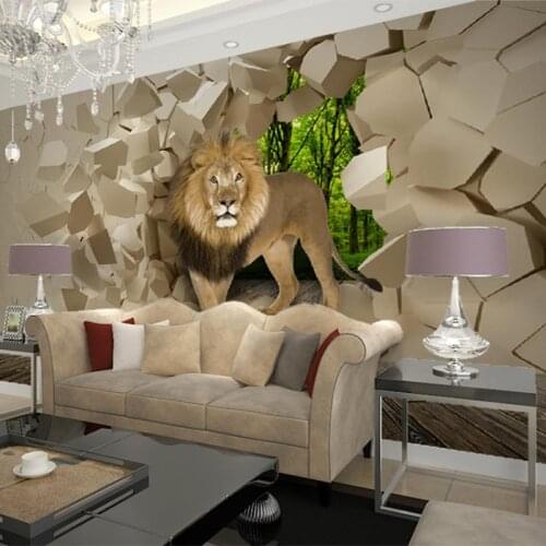 3D Stereo Lion Broken Wall Mural Photo Wallpaper for Wall Living Room TV Background Room Decor Custom Size Non-woven Wall Papers