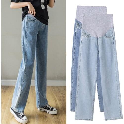 8946# 2021 Autumn Denim Maternity Full Long Jeans Wide Leg Loose Elastic Waist Belly Pants Clothes for Pregnant Women Pregnancy
