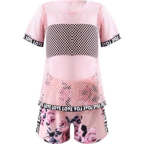 Kids Girls Sportswear Outfit Short Sleeve Hollow Out Net T-shirt and Shorts for Children Dancing Outdoor Workout Gym 2Pcs Set