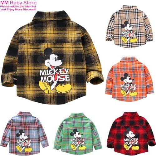 Childrens Cartoon Spring Autumn Shirt Mickey Boys Girls Thin Long Sleeve Lapel Shirt Childrens Cardigan Plaid Casual Shirt
