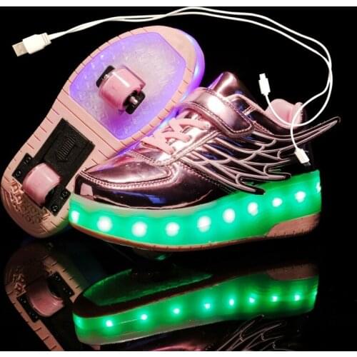 New Pink Gold USB Charging Fashion Girls Boys LED Light Roller Skate Shoes For Children Kids Sneakers With Wheels Two wheels