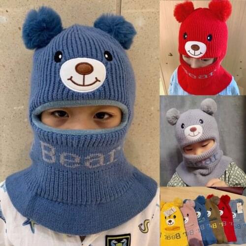 Cute Bear Baby Girl Hats Winter Warm Ball Knitted Crochet Earflap Beanie Hats Cartoon Bear Design Double Ball Kids Hats Cap