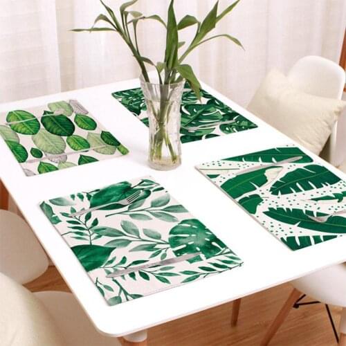 HobbyLane 1pcs Green Leaf Printed Placemat Cotton Linen Bowls Coasters Dining Table Mat for Kitchen Supplies