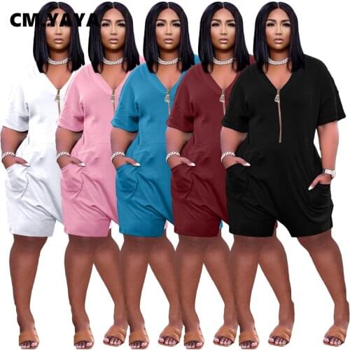 CM.YAYA Women Active Zipper V-neck Haren Playsuit Rompers Short Sleeve Above Knee Jumpsuit One Piece Overall Fitness Outfit