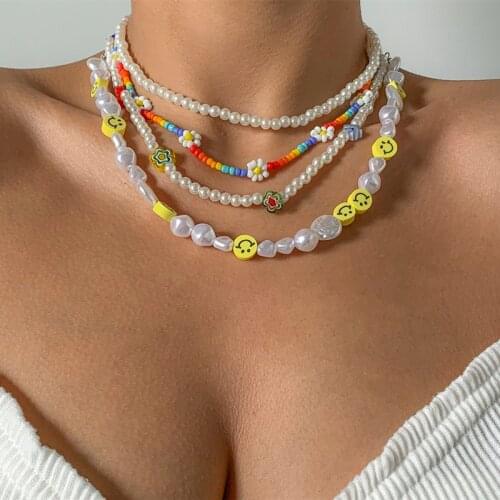 Korean Sweet Colorful Acrylic Flowers Smiley Face Chokers Necklace Boho Beaded Pearl Clavicle Necklace For Women Girls Jewelry