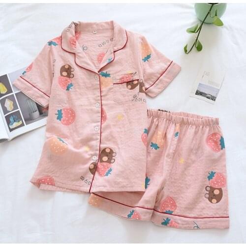 Short Pyjamas Women 100% Cotton Short Sleeves Ladies Pajama Sets Shorts Japanese Simple Cute Cartoon Sleepwear Women Homewear