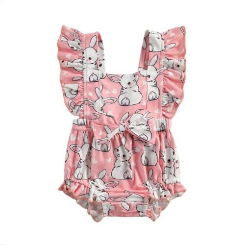 Summer Baby Girls Clothes Bunny Printed One-piece Romper Ruffle Sleeveless Elastic Waist Triangle Jumpsuits with Bow Decoration