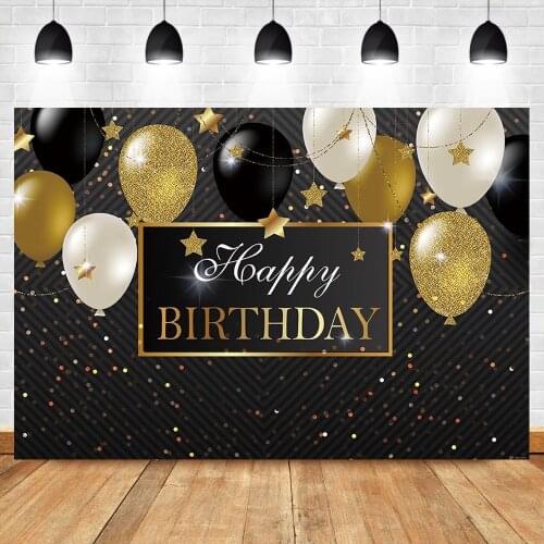 NeoBack Happy Birthday Party Backdrop Black and Gold Balloon Photo Backdrop Golden Little Star Background Photography Backdrop